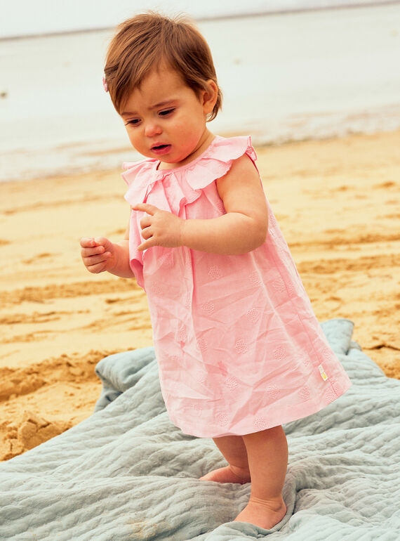 Baby Mädchen rosa Popeline-Kleid mit Muschel-Stickerei und Blümchen CASOLEIL / 22E1BFN1ROBD315