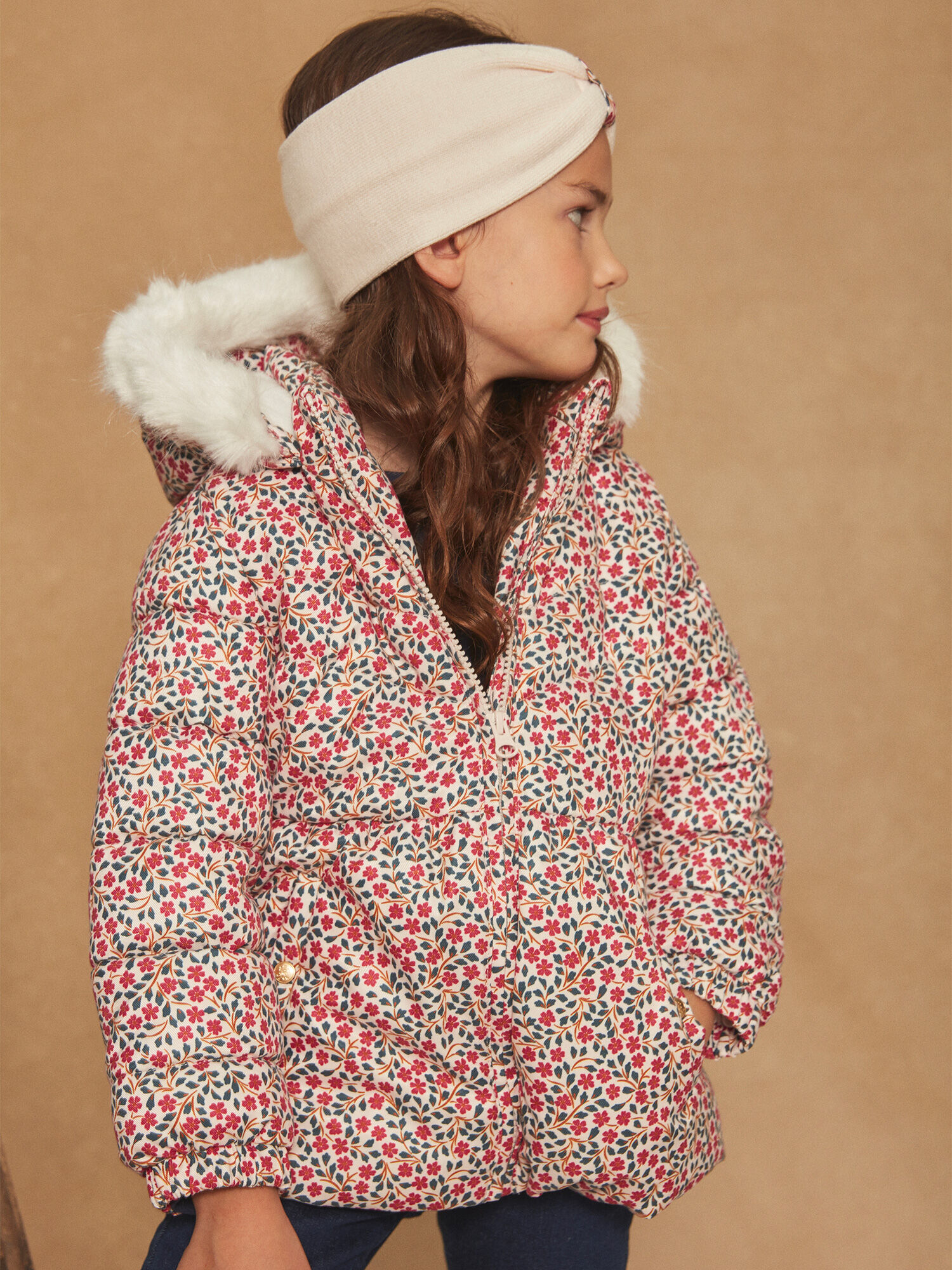 Beige geblumte Daunenjacke mit Kapuze Madchen Sergent Major