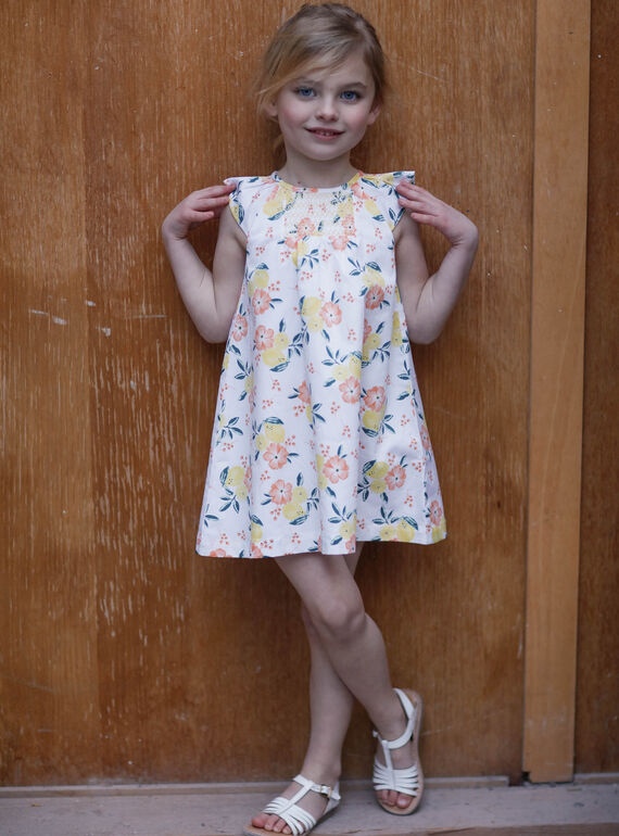 Weiß und gelb Kleid mit Zitrone und Blumendruck Kind Mädchen ZICITETTE / 21E2PFO1ROB000