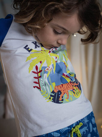 Schlafanzug für Kind Junge in Ecru und Blau mit Dschungeldruck CAJAGE / 22E5PG54PYJ001