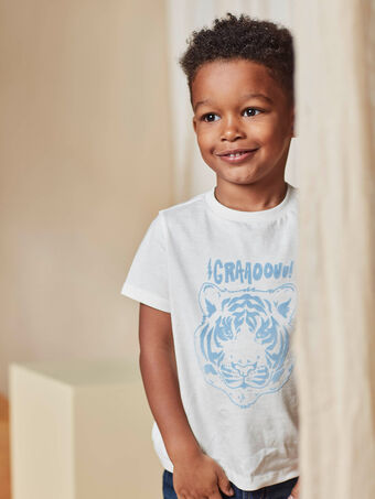 Ecrufarbenes und hellblaues strukturiertes Tiger-T-Shirt für Kinder Jungen CAZOTAGE3 / 22E3PGF1TMC001