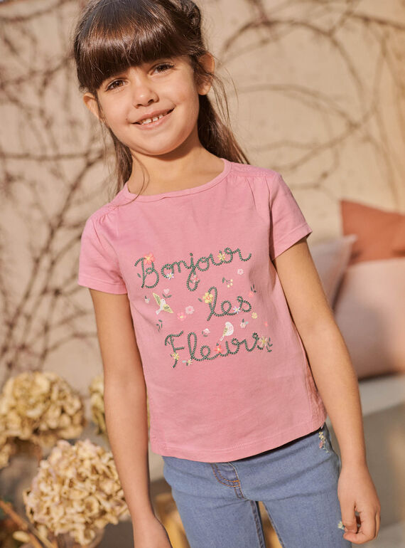 Kind Mädchen rosa besticktes T-Shirt mit ausgefallenem Blumenschriftzug CETIETTE / 22E2PFB1TMC305