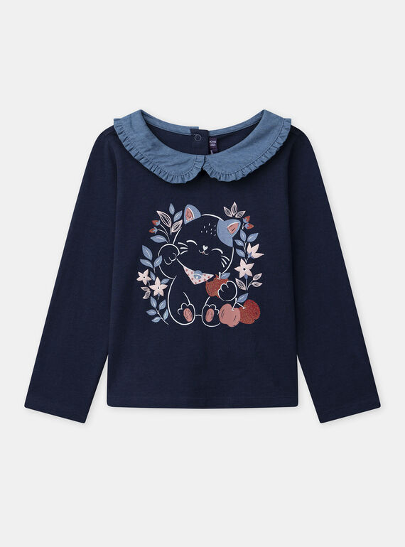 Marineblaues T-Shirt mit Katzenprint, Claudine-Kragen und langen Ärmeln, Mädchen NOBLUETTE / 25H2PFP1TML070