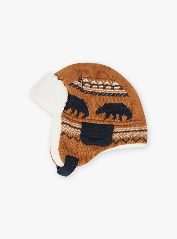 Jacquard-Strickmütze für Baby-Jungen in Kamel mit Bärendruck BITETAGE / 21H4PGE3BON804