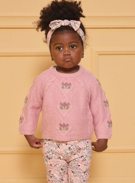 Pullover mit Zopfmuster Zartrosa Blumen LANINA / 24H1BFQ1PULD329