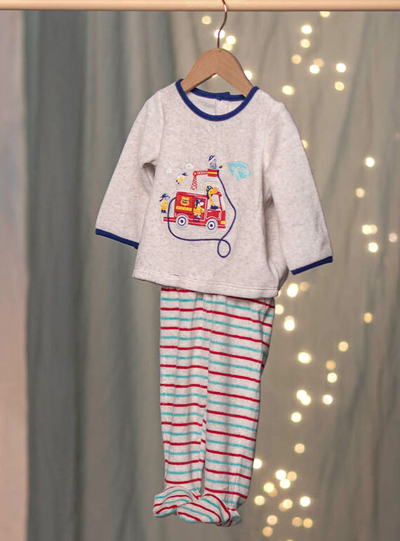 Schlafanzug für Baby Junge aus grauem Samt mit Feuerwehrauto CEFLORENT / 22E5BG41PYJJ920