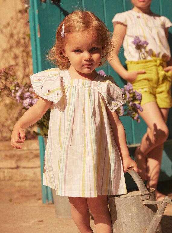Set aus Kleid und Bloomers aus Popeline in Ecru mit Streifendruck LAALBERTINE / 24H1BFI2ROB001