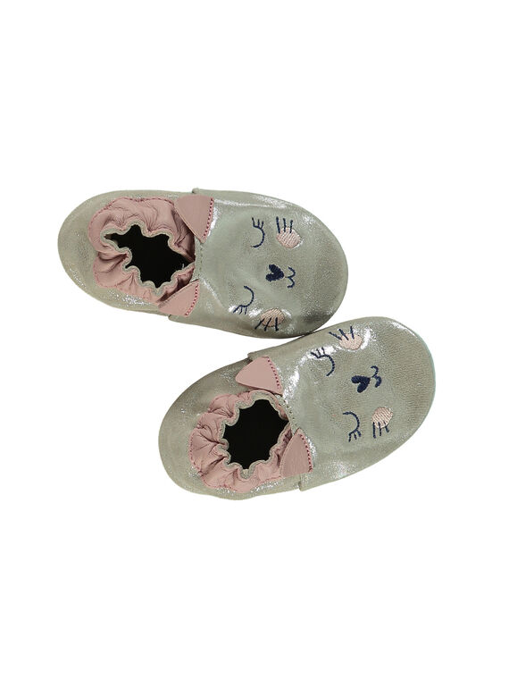 Weicher Lederpantoffel Glitzer-Beige mit Katzen-Stickerei Baby Mädchen GNFCHAT / 19WK37Z2D3S080