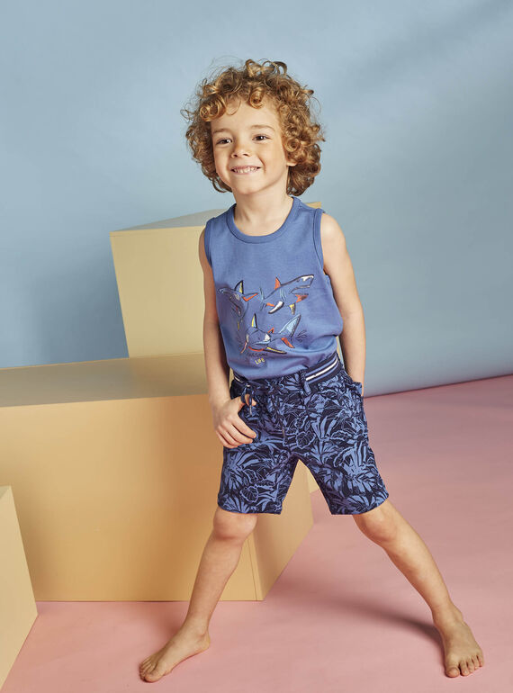 Marineblaue Shorts für Kinder Junge mit Blattwerkaufdruck 22E3PGT3BER070