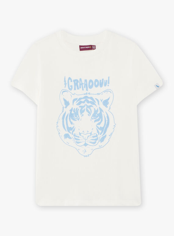 Ecrufarbenes und hellblaues strukturiertes Tiger-T-Shirt für Kinder Jungen CAZOTAGE3 / 22E3PGF1TMC001
