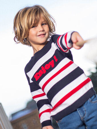 Marineblau, ecru und rot gestreifter Pullover mit Enjoy-Schriftzug Kind Junge CEPULAGE / 22E3PG81PUL070