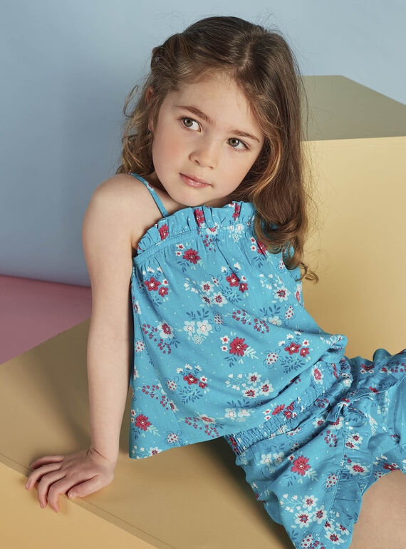 Kind Mädchen türkisfarbenes Tank-Top mit Blumen- und Schildkrötenaufdruck CAUDEBETTE 2 / 22E2PFT2DEB202
