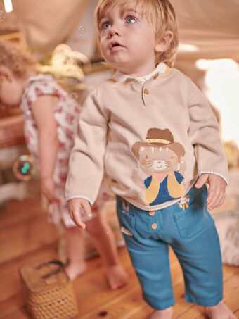 Sandfarbener Pullover für Baby Junge mit Cowboy-Katzenmotiv CAORSON / 22E1BGJ1PUL808
