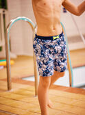 Badeshorts für Kind Junge mit blauem Blattdruck CYSHORTAGE / 22E4PGO6MAI622