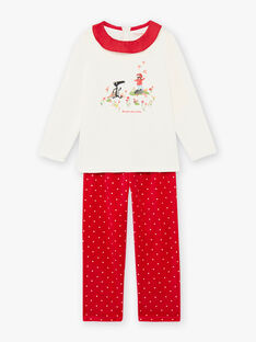Pyjama-Set für Mädchen mit Wolfsmotiv in Ecru und rotem Samt BELOUPETTE / 21H5PFN1PYJ001