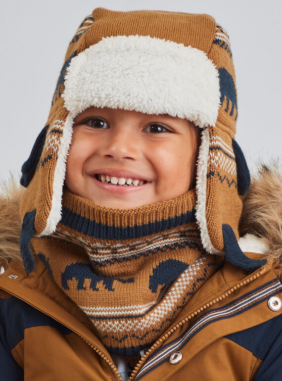 Jacquard-Strickmütze für Baby-Jungen in Kamel mit Bärendruck BITETAGE / 21H4PGE3BON804