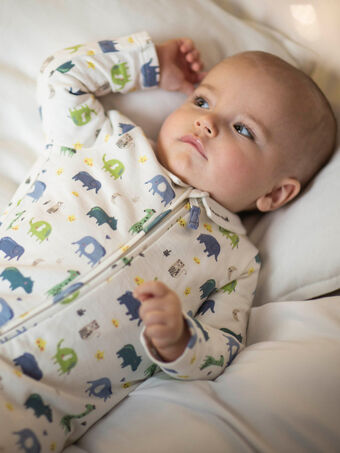 Strampler für Baby Jungen aus ecrufarbenem Fleece mit Savannah-Tiermotiv CEFABIO / 22E5BG45GRE001